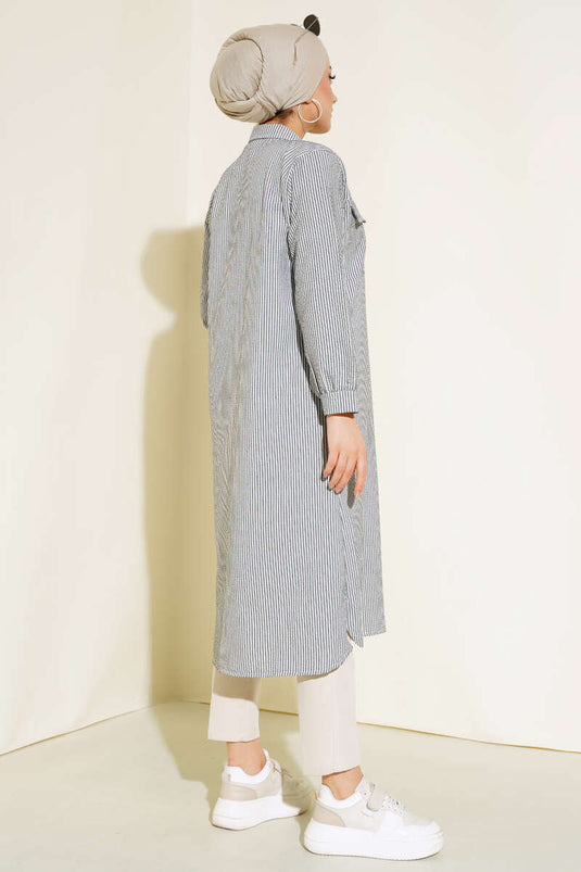 Önden Düğmeli Çizgili Gofre Tunik Siyah