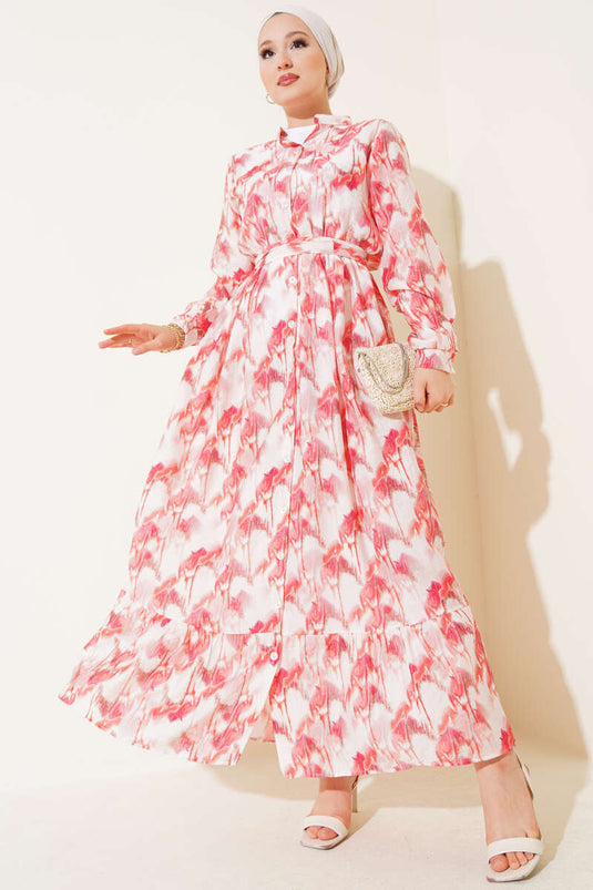 Önden Düğmeli Ebruli Desenli Elbise Kırmızı