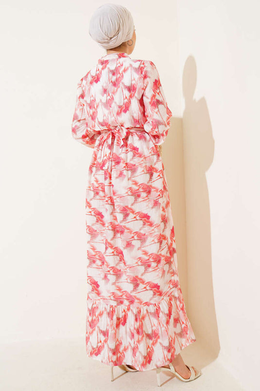 Önden Düğmeli Ebruli Desenli Elbise Kırmızı