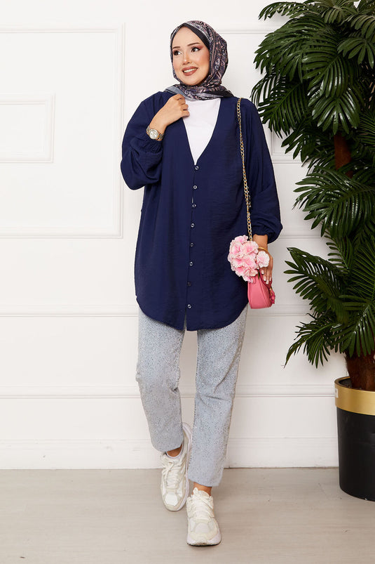 Chemise kimono boutonnée sur le devant bleu marine