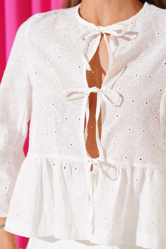 Önden İp Bağcıklı Bluz Beyaz