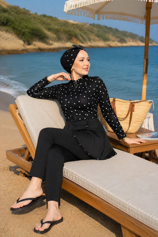Önden Yarım Fermuarlı Eteği Allerli Tesettür Mayo Siyah