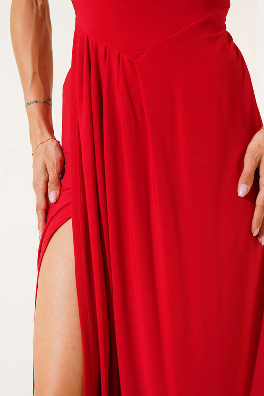 Sleeveless Dress with Front Slit, Red