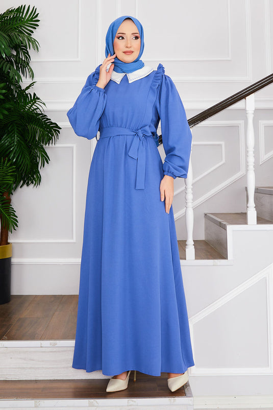 Indigo Dress with Gathered Waist and Collar for Modest Wear