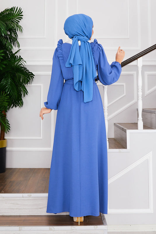 Indigo Dress with Gathered Waist and Collar for Modest Wear