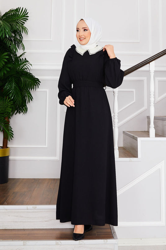 Collared Waist Gathered Modest Dress Black