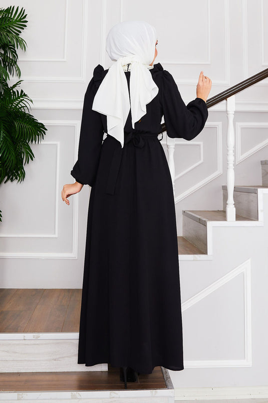 Collared Waist Gathered Modest Dress Black