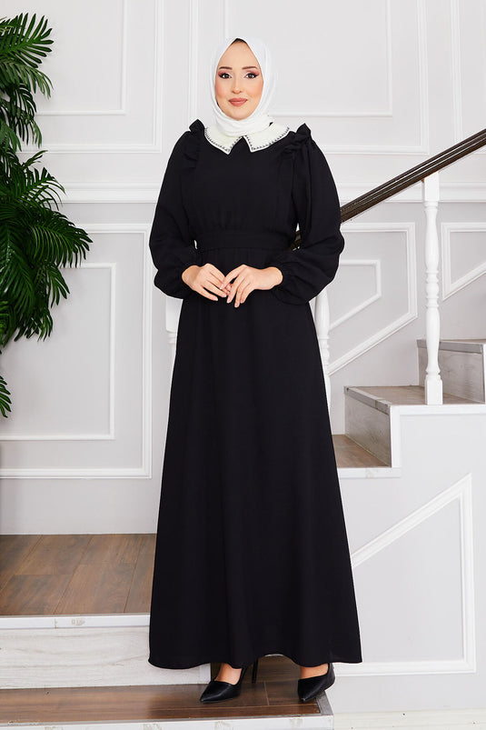 Collared Waist Gathered Modest Dress Black