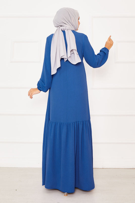 Önü Aller Ve Taş Detaylı Bağlamalı Elbise Mavi