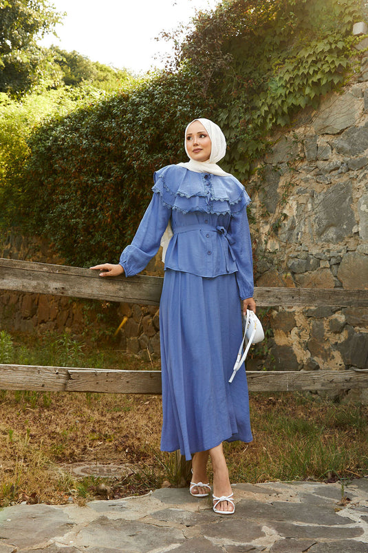 Indigo Skirt Suit with Front Laced Guipure Detail