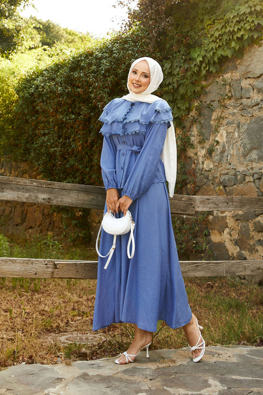 Indigo Skirt Suit with Front Laced Guipure Detail