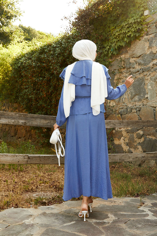 Indigo Skirt Suit with Front Laced Guipure Detail