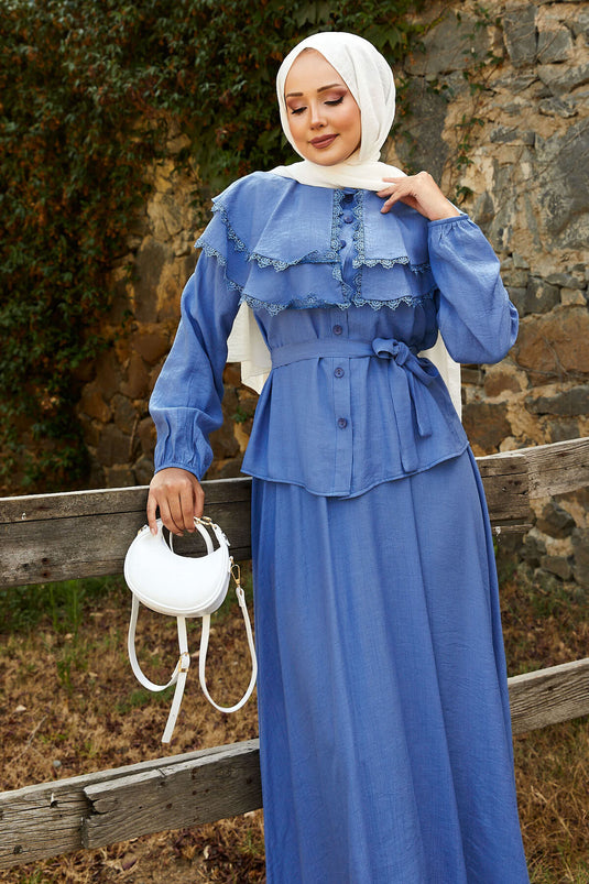 Indigo Skirt Suit with Front Laced Guipure Detail