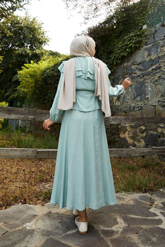 Front Laced Guipure Detailed Skirt Suit Mint