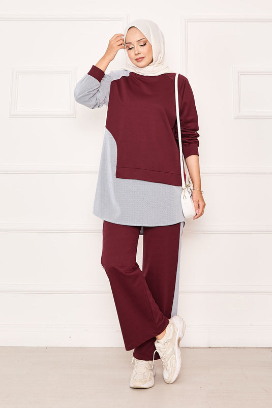 Asymmetrical Front Striped Two Piece Suit in Burgundy