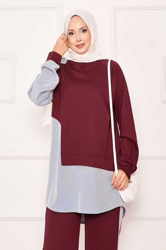 Asymmetrical Front Striped Two Piece Suit in Burgundy