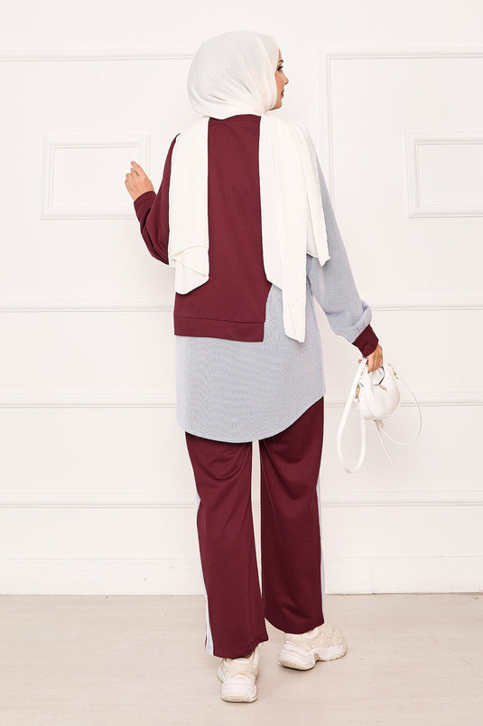 Asymmetrical Front Striped Two Piece Suit in Burgundy