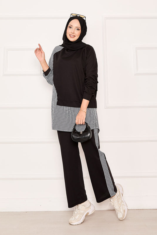 Ensemble deux pièces avec garniture de ligne asymétrique sur le devant, noir