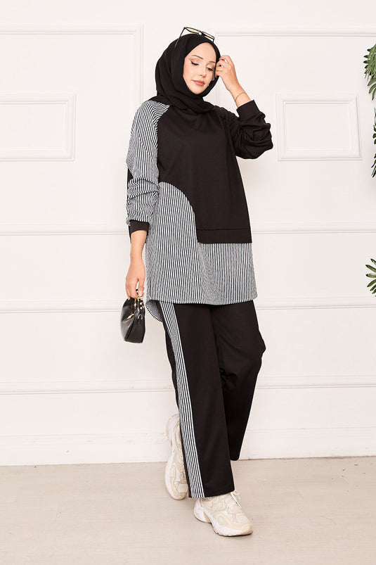 Ensemble deux pièces avec garniture de ligne asymétrique sur le devant, noir