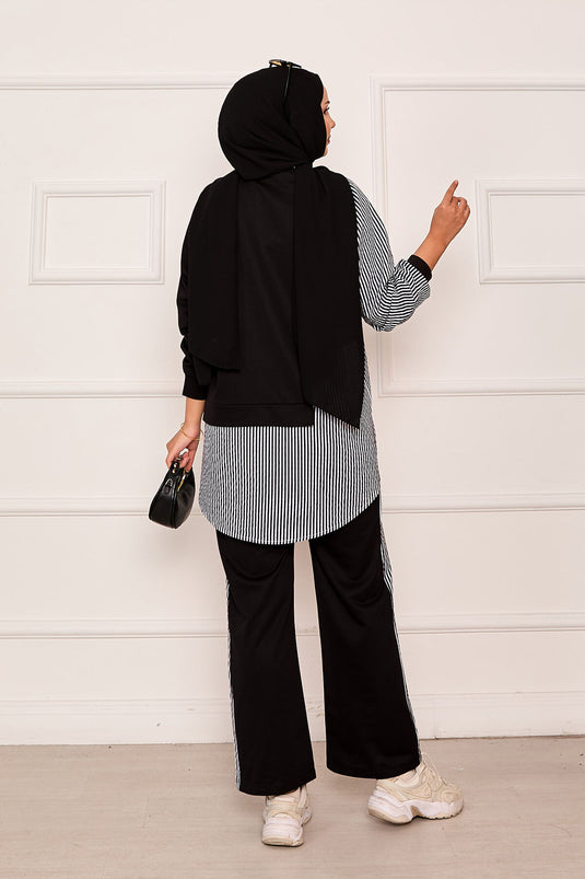 Ensemble deux pièces avec garniture de ligne asymétrique sur le devant, noir