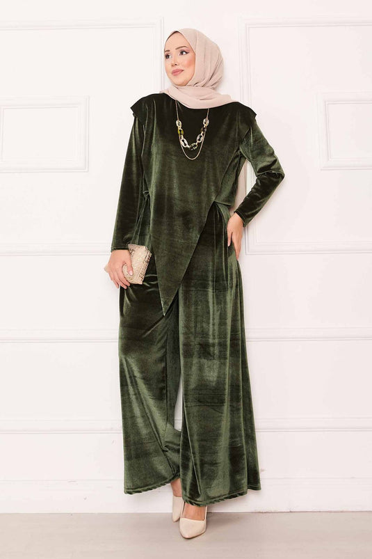 Velvet Suit Khaki with Asymmetrical Front Detail