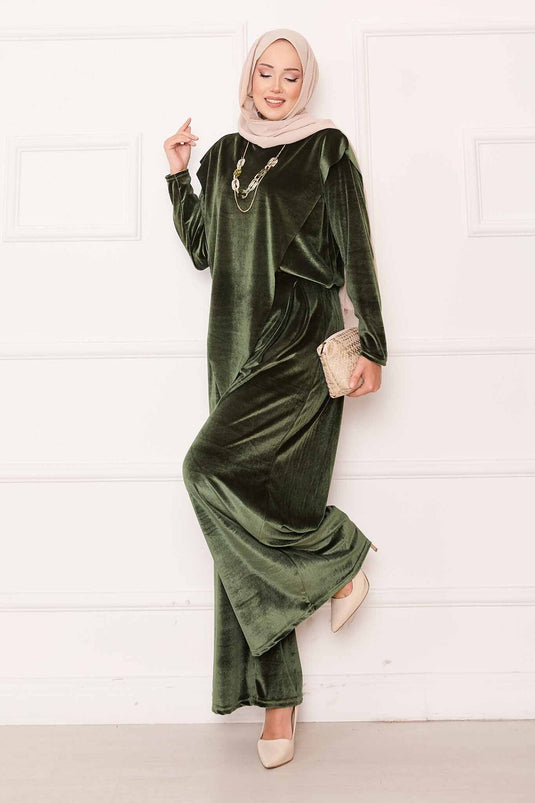 Velvet Suit Khaki with Asymmetrical Front Detail