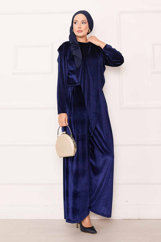 Velvet Suit with Asymmetrical Front Detail, Navy Blue