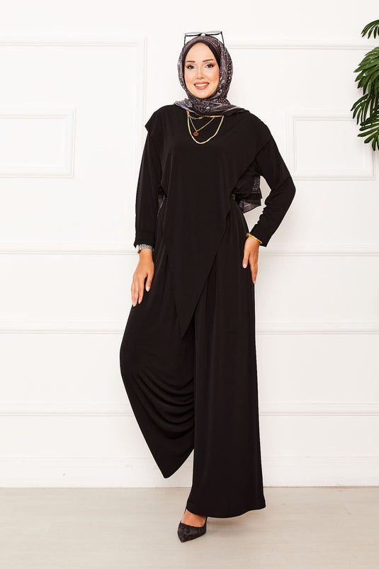 Costume deux pièces Sandy noir avec détail asymétrique sur le devant