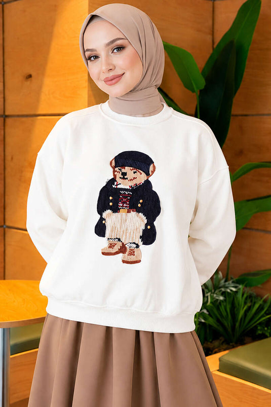 Önü Ayıcık Nakışlı Üç İplik Sweatshirt Ekru