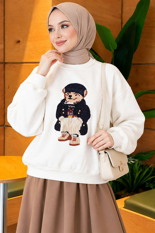 Önü Ayıcık Nakışlı Üç İplik Sweatshirt Ekru