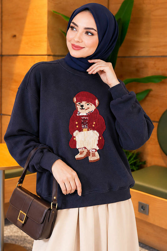 Önü Ayıcık Nakışlı Üç İplik Sweatshirt Lacivert