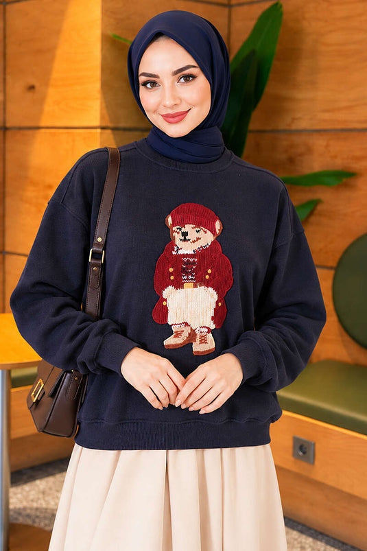 Önü Ayıcık Nakışlı Üç İplik Sweatshirt Lacivert