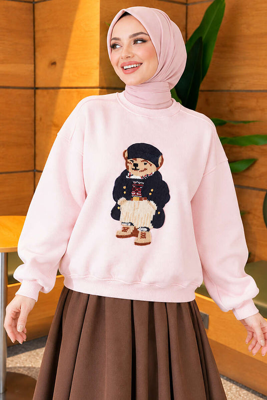 Önü Ayıcık Nakışlı Üç İplik Sweatshirt Pembe