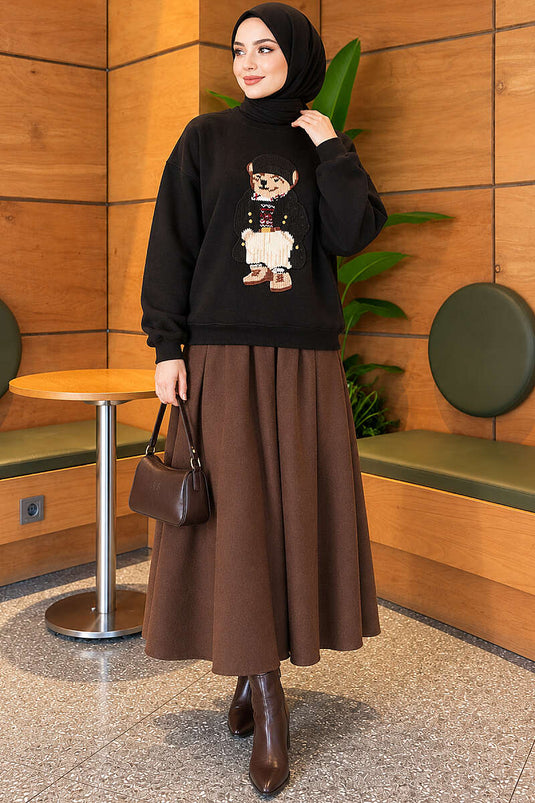 Önü Ayıcık Nakışlı Üç İplik Sweatshirt Siyah