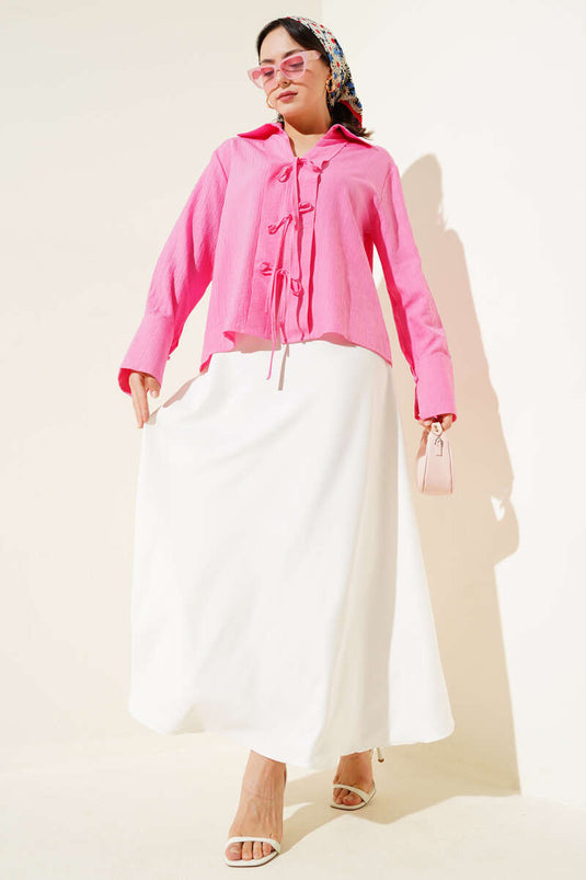 Rosa Bluse mit Spitzendetails vorne