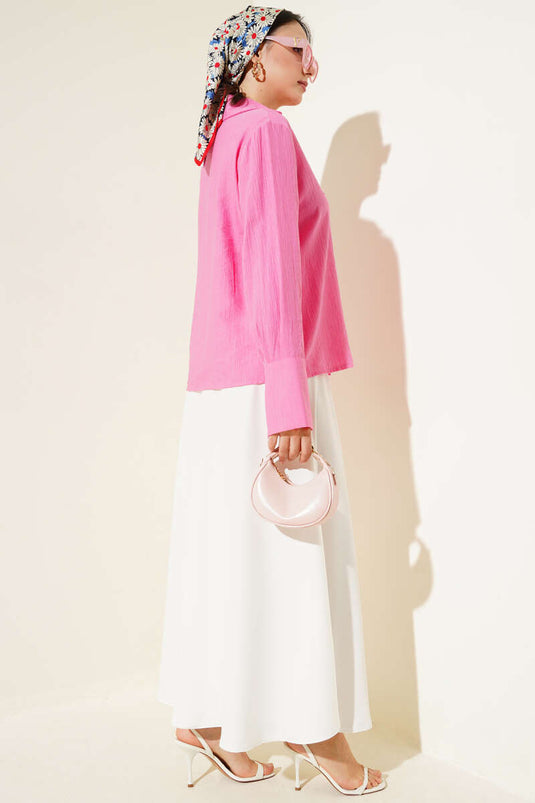 Rosa Bluse mit Spitzendetails vorne