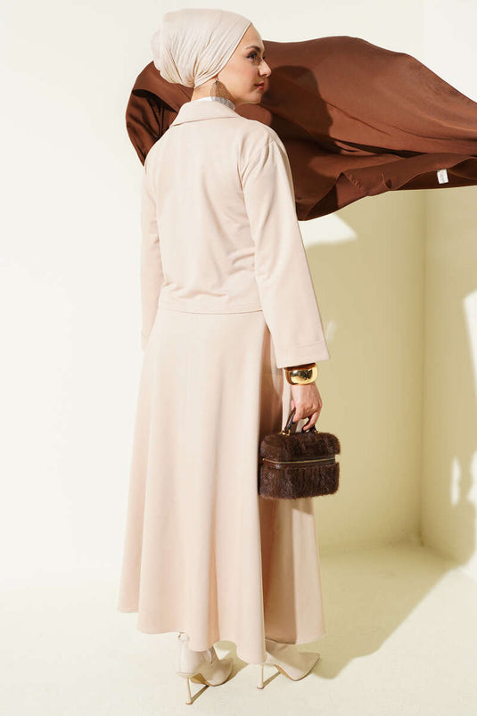 Önü Bağcık Detaylı Etekli İkili Takım Bej