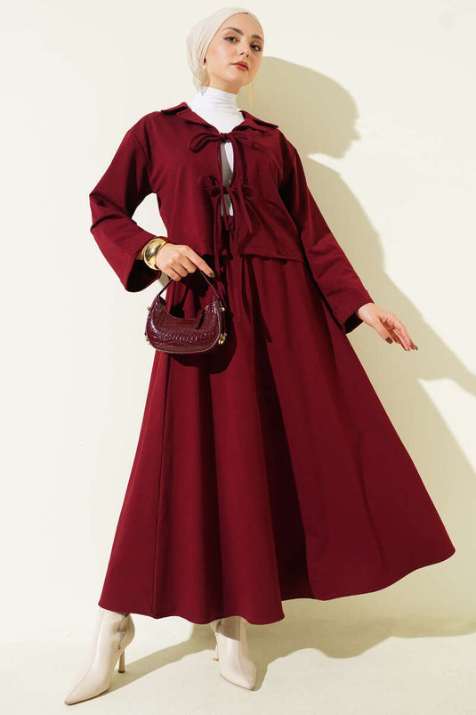 Önü Bağcık Detaylı Etekli İkili Takım Bordo