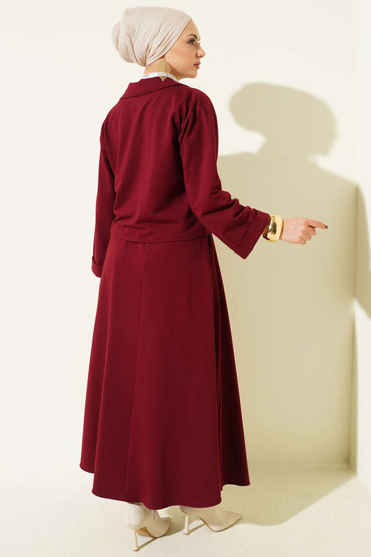 Önü Bağcık Detaylı Etekli İkili Takım Bordo