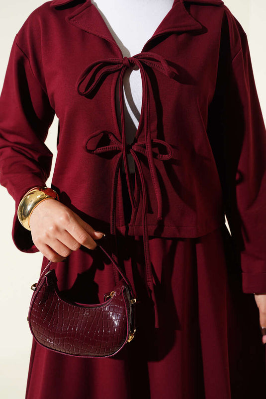 Önü Bağcık Detaylı Etekli İkili Takım Bordo