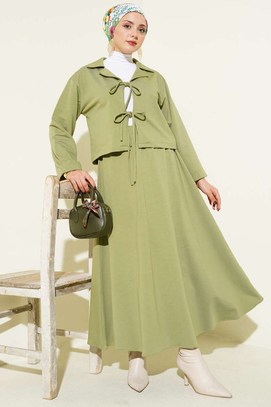 Önü Bağcık Detaylı Etekli İkili Takım Çağla Yeşili