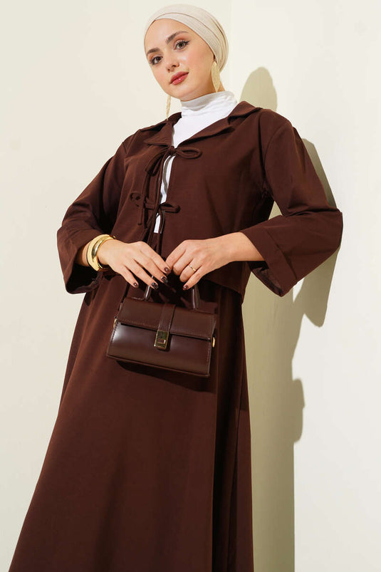 Önü Bağcık Detaylı Etekli İkili Takım Kahve