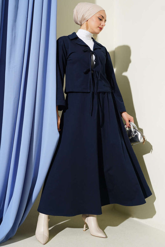 Önü Bağcık Detaylı Etekli İkili Takım Lacivert