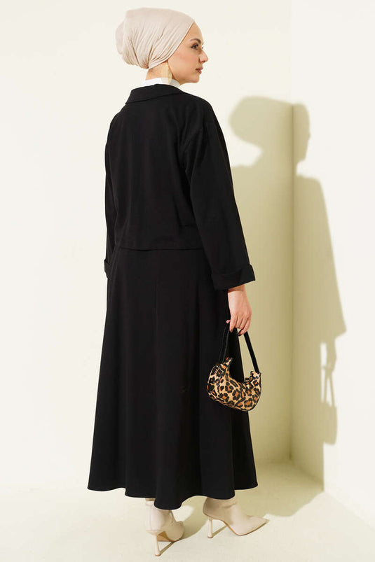 Önü Bağcık Detaylı Etekli İkili Takım Siyah