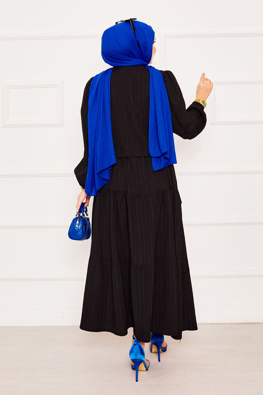 Front Lace Detailed Kimono Hijab Skirt Set Black