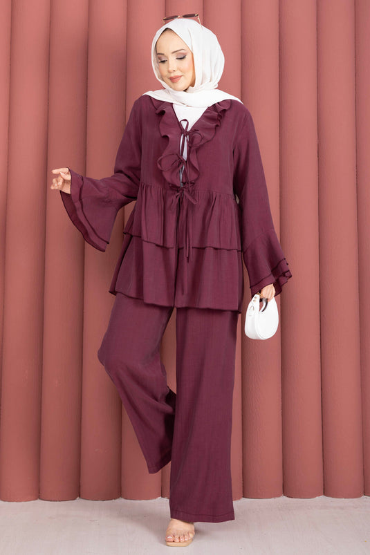 Set van twee bordeauxrode kimono's met koorddetail aan de voorkant en volantmouwen