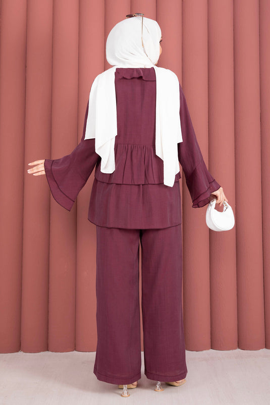 Set van twee bordeauxrode kimono's met koorddetail aan de voorkant en volantmouwen