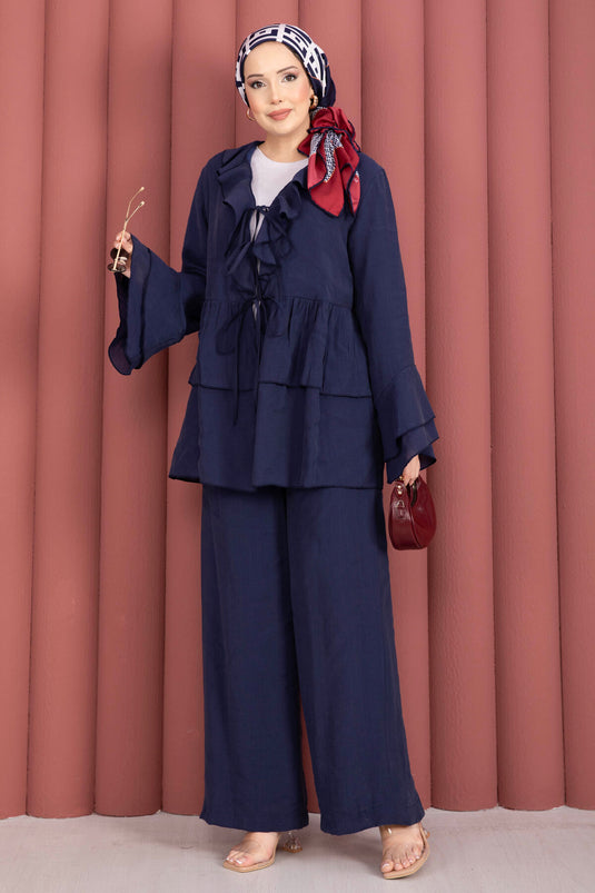 Önü Bağcık Detaylı Kolları Volanlı Kimono İkili Takım Lacivert