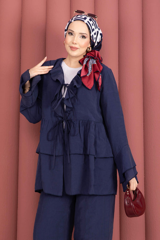 Önü Bağcık Detaylı Kolları Volanlı Kimono İkili Takım Lacivert