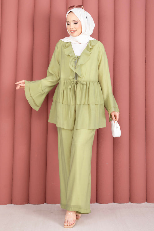 Önü Bağcık Detaylı Kolları Volanlı Kimono İkili Takım Yeşil Olive
